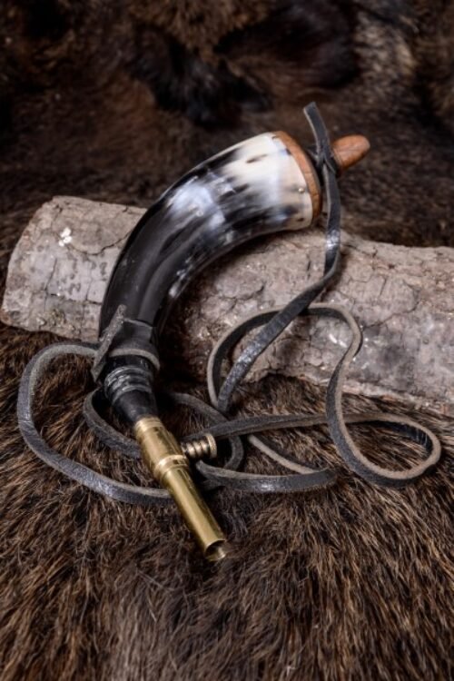 Powder Horn with brass shut-off valve and leather strap