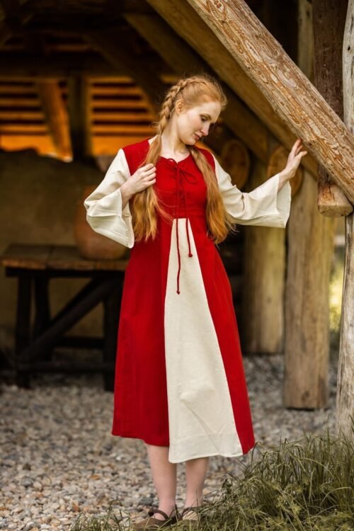 Abito medievale in cotone "Ilse" - Rosso/Naturale