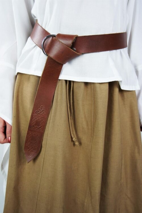 Cintura ad anello in pelle con motivo celtico, nera, 150 cm